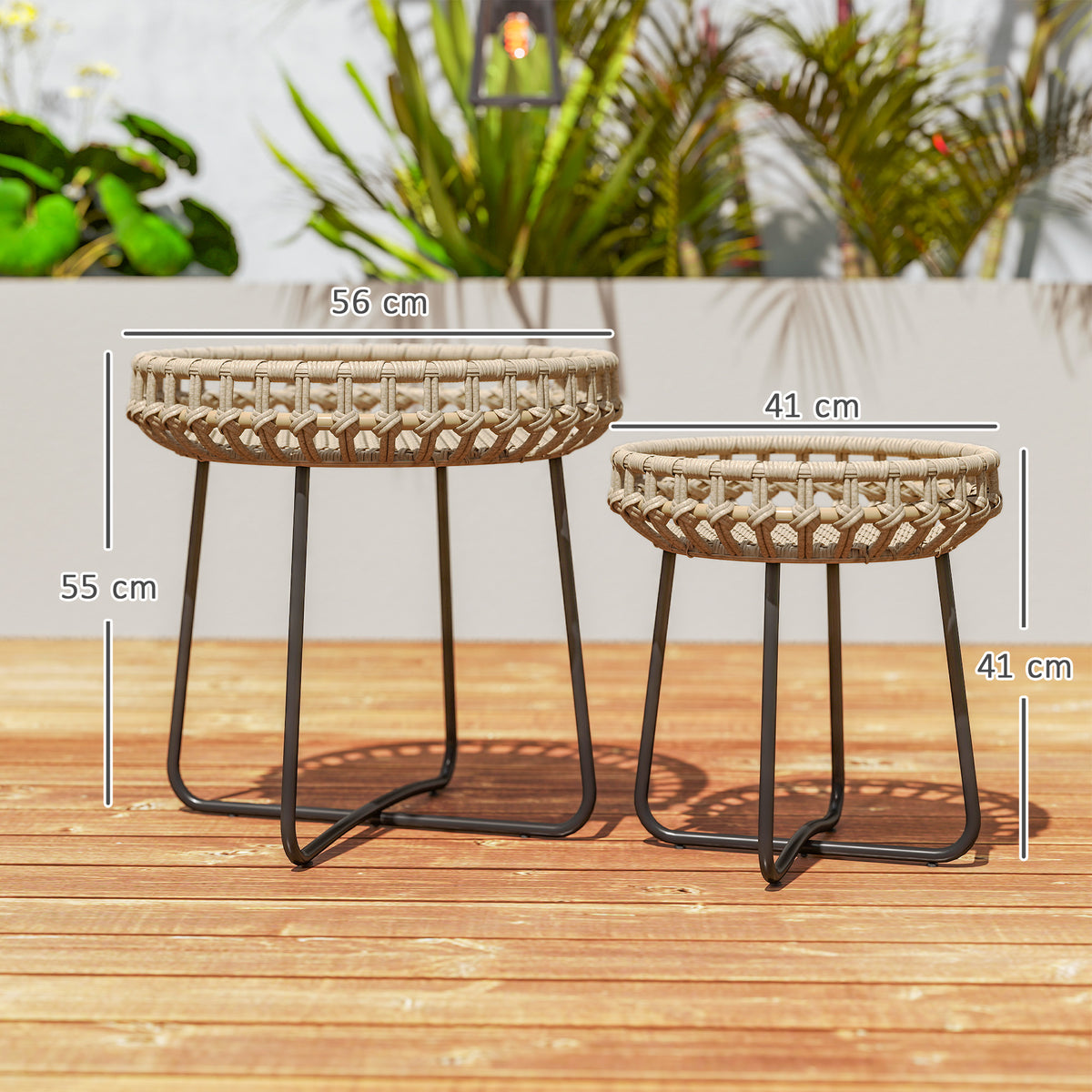 2er Set Beistelltisch Polyrattan ?60/41 cm rund wetterfest Gartentisch mit X-Beine Verstellbare Fu?pads Braun