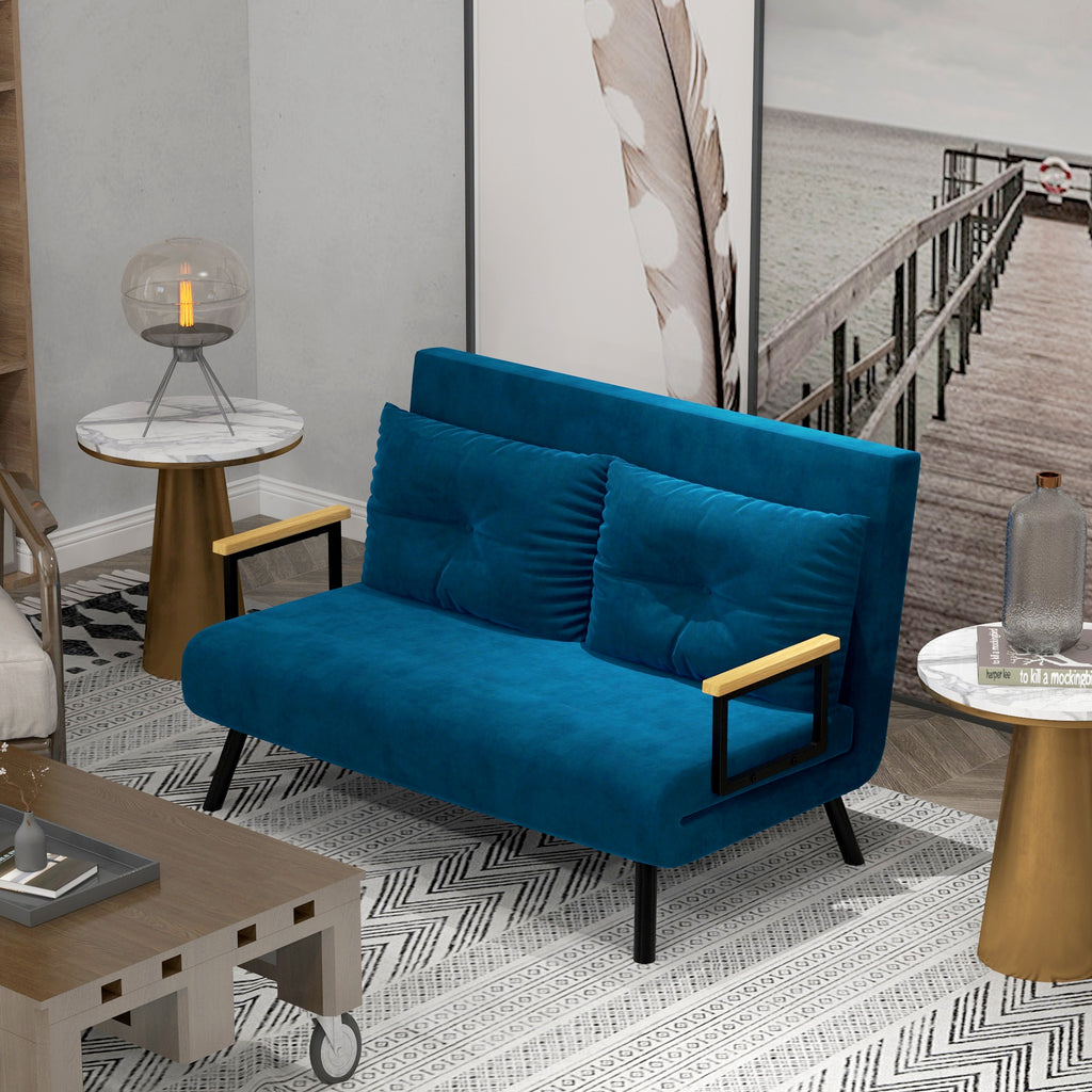 Schlafsofa 2er-Sofa Samtsofa, Schlaffunktion, inkl. 2 Kissen, Samtoptik, Natur + Blau
