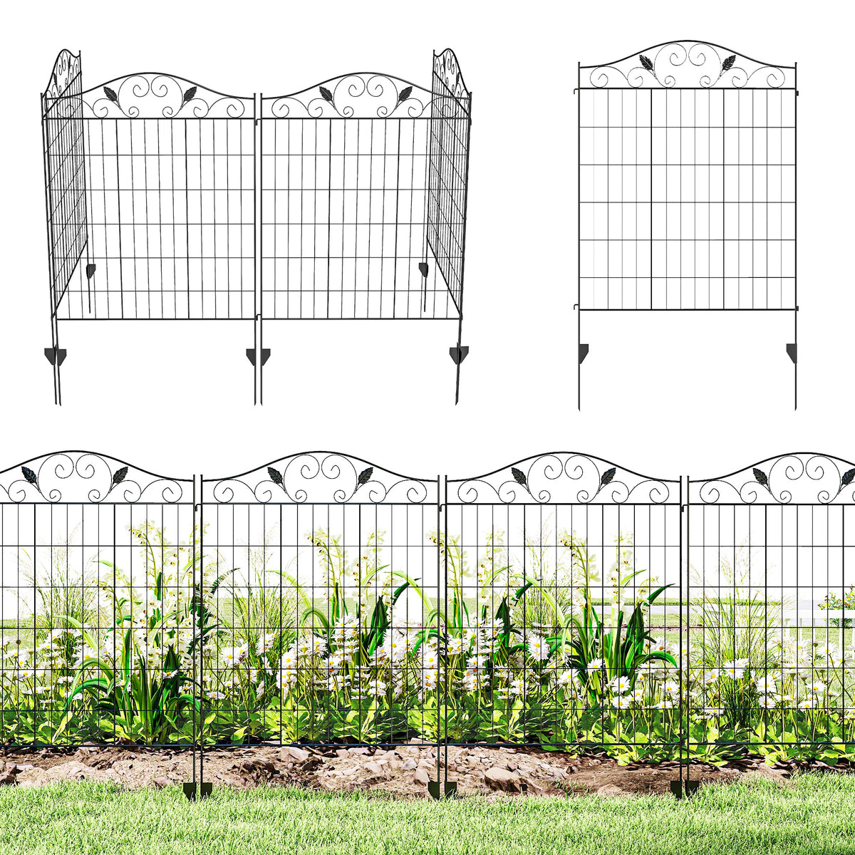 Decorative Garden Fence, 4 Panels 365cm(L) x 112cm(H) Metal Wire Garden Fencing Panels Landscape Border Edging