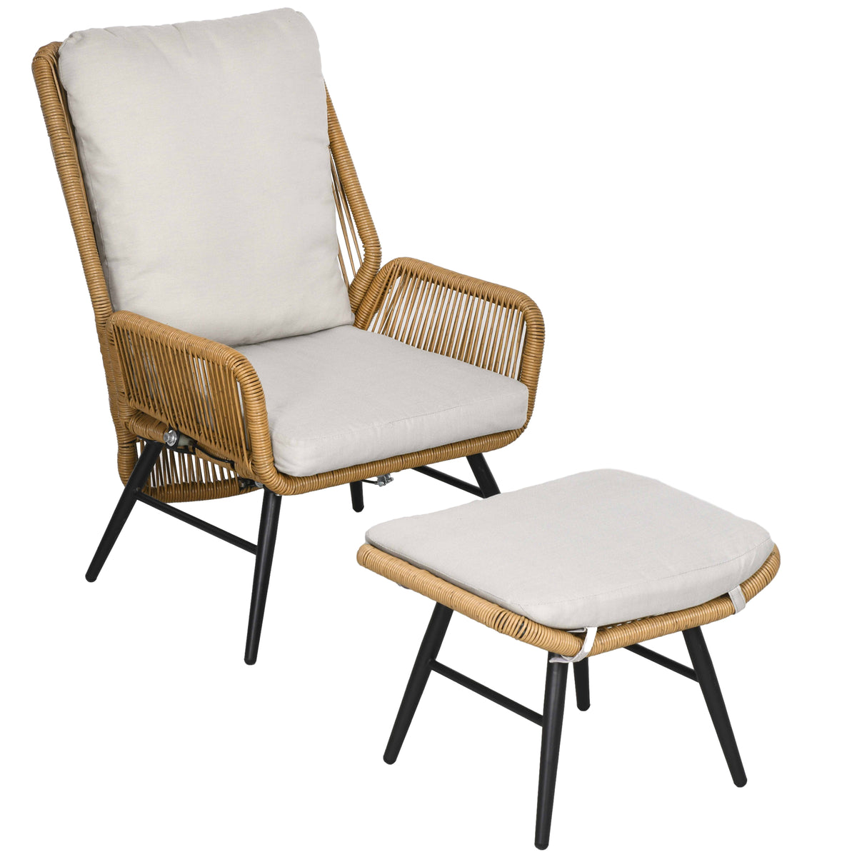 Polyrattan Gartenstuhl und Hocker, verstellbare Lehne, Hellbraun/Grau/Schwarz