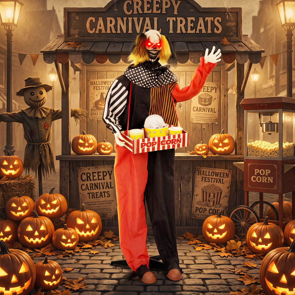 Animierter Halloween-Popcorn-Clown mit hochschnellendem Kopf, Grusel-Sound, Jahrmarktmusik und leuchtenden Augen