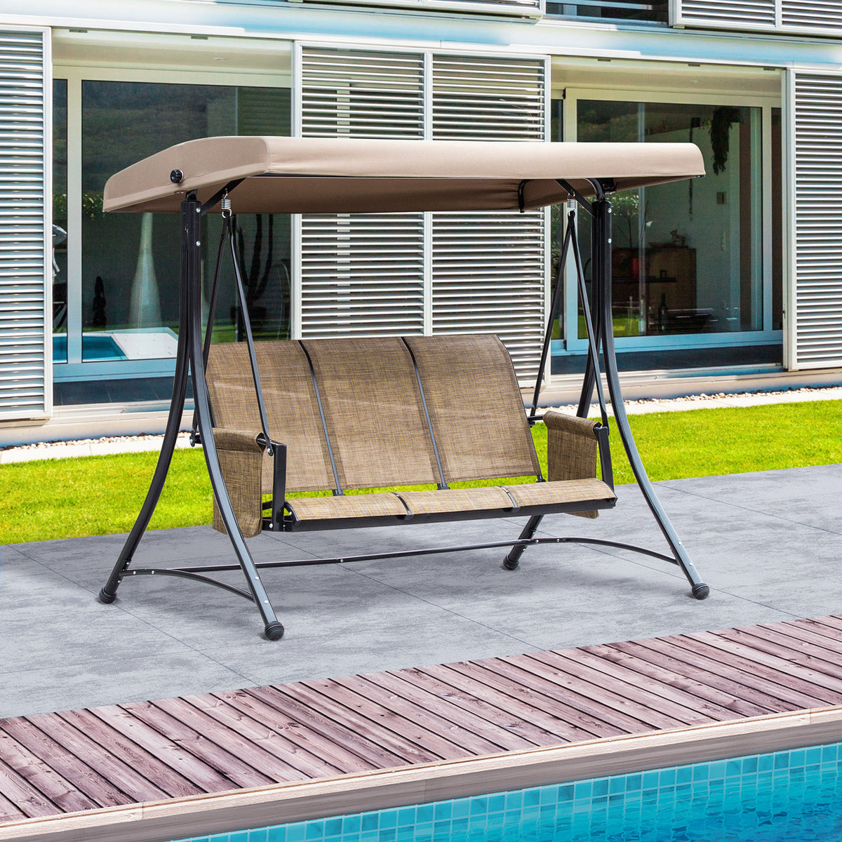 3-Sitzer Hollywoodschaukel, Gartenschaukel mit Sonnendach, Schaukelbank mit Ablage, Aluminium, 196 x 128 x 172 cm, Braun