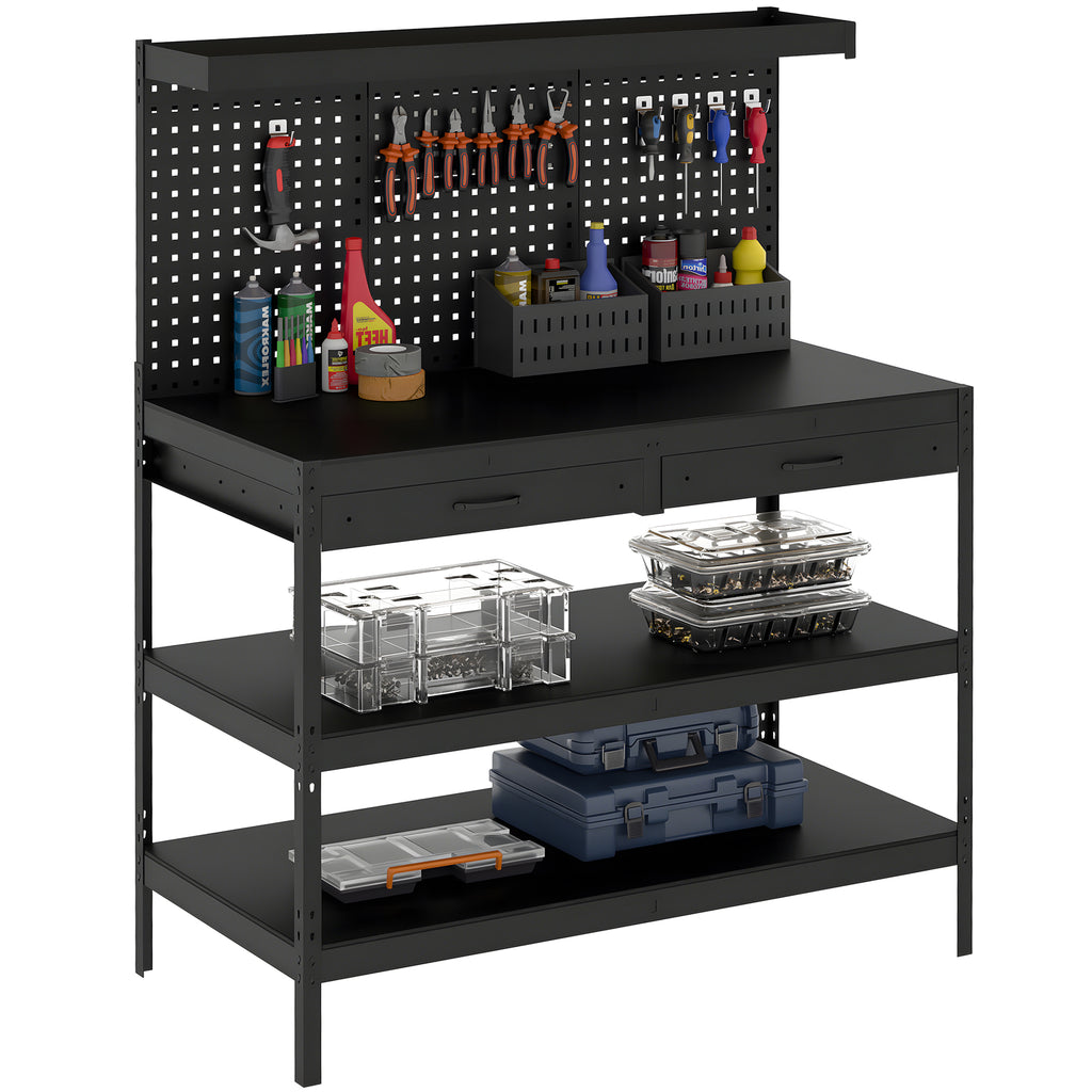 Werkbank mit verstellbaren Regalen, robuste Arbeitsstation mit Lochwand und 2 Schubladen, 122 x 61 x 156 cm, Schwarz