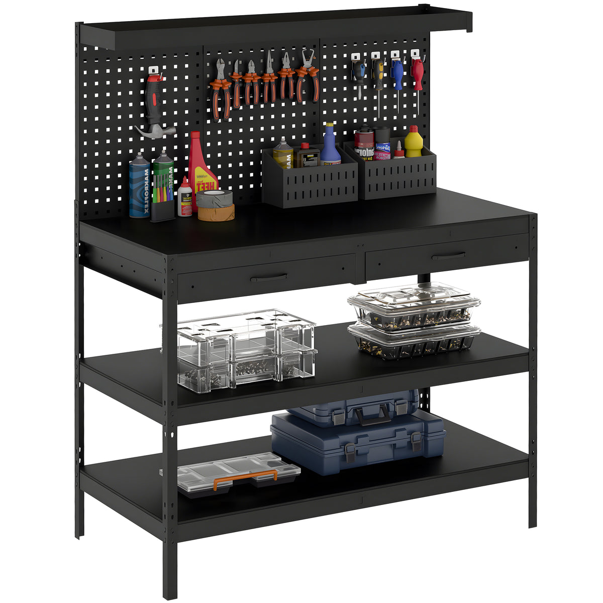 Werkbank mit verstellbaren Regalen, robuste Arbeitsstation mit Lochwand und 2 Schubladen, 122 x 61 x 156 cm, Schwarz