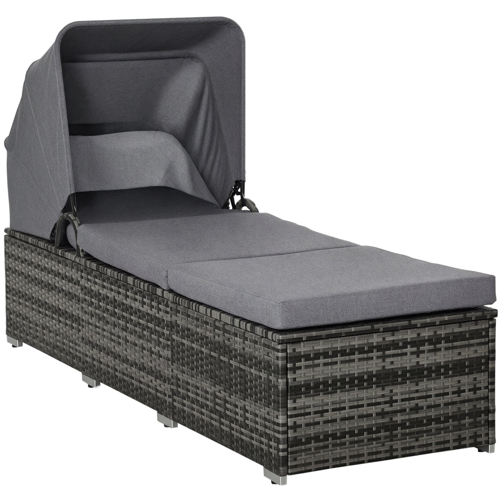 Sonnenliege aus Polyrattan mit Sonnendach Gartenliege verstellbar Rattanliege Gartenmöbel Liege mit Kissen Grau 195 x 65 x 40 cm