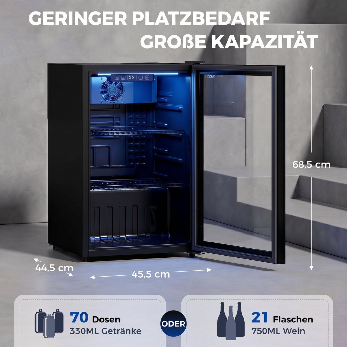 70 L Getränkekühlschrank, Kühler für 70 Dosen mit Doppelglas-Tür, verstellbar Regal, LED-Beleuchtung Schwarz