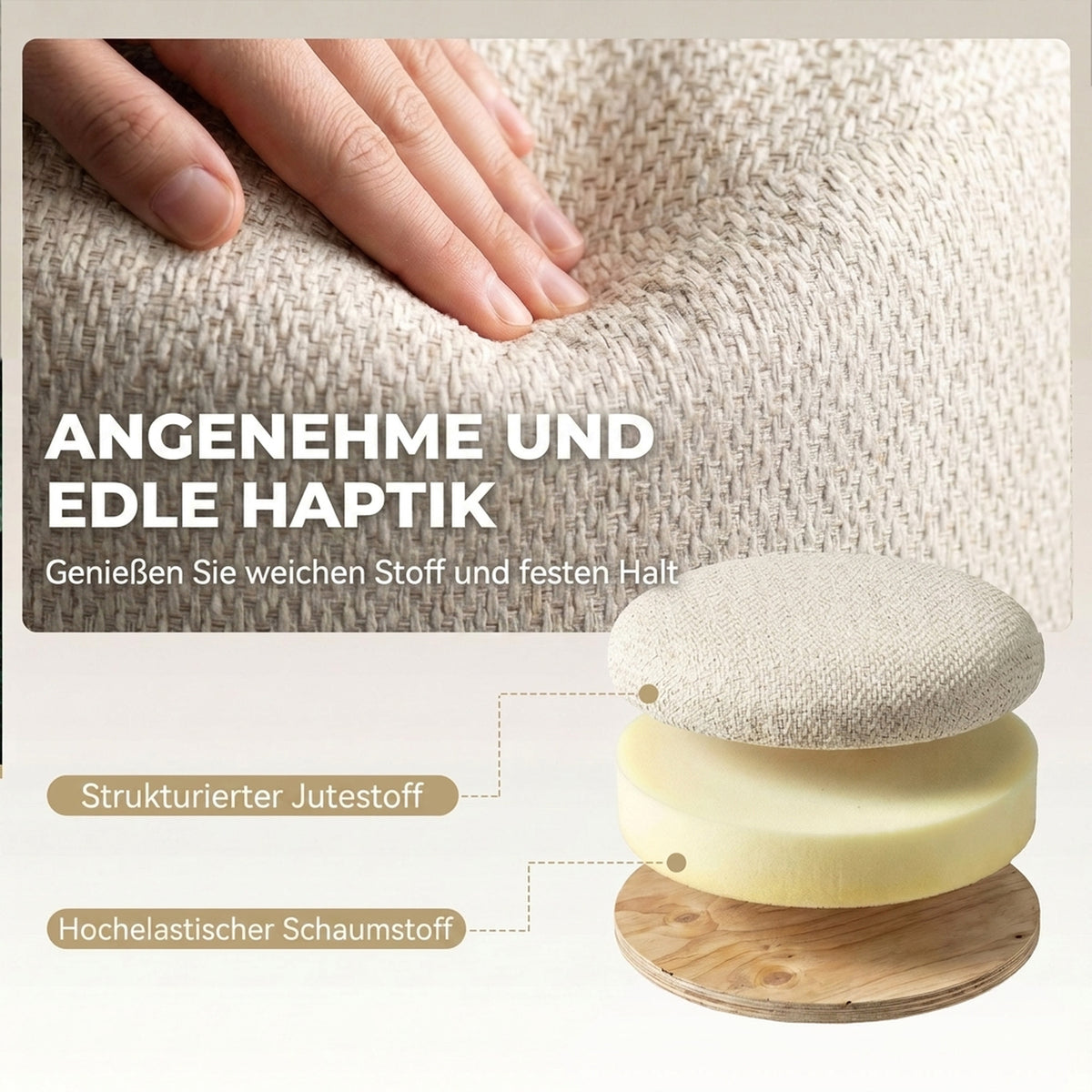 Hocker mit Stauraum, Runder Sitzhocker mit Deckel, Leinenoptik für Wohnzimmer, Schlafzimmer, 38,5x38,5x33,5 cm Beige