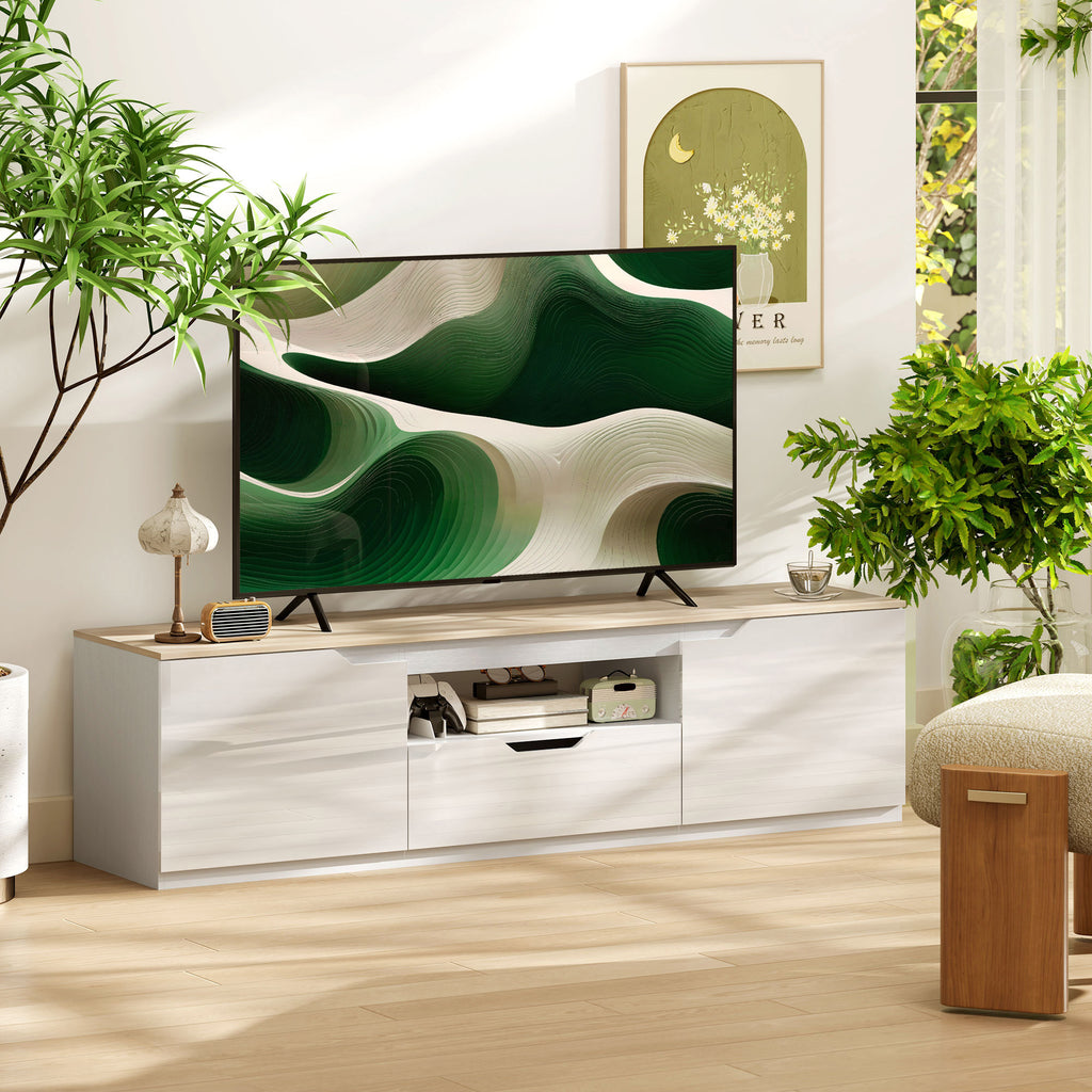 TV-Lowboard, Hochglanz, für Fernseher bis 65'', 3 Fächer, Schublade, 160 x 38 x 43 cm, Naturholz