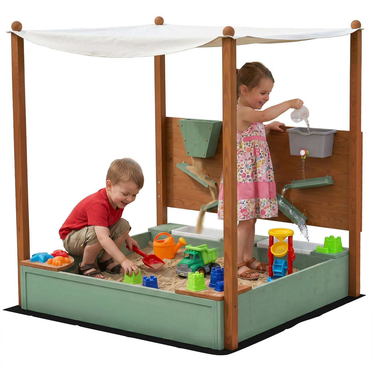 Wood Sandpit with Canopy, Storage Bins, Funnel, Liner, Chutes, Bucket with Tap, 116 x 112.5 x 128 cm, Green
