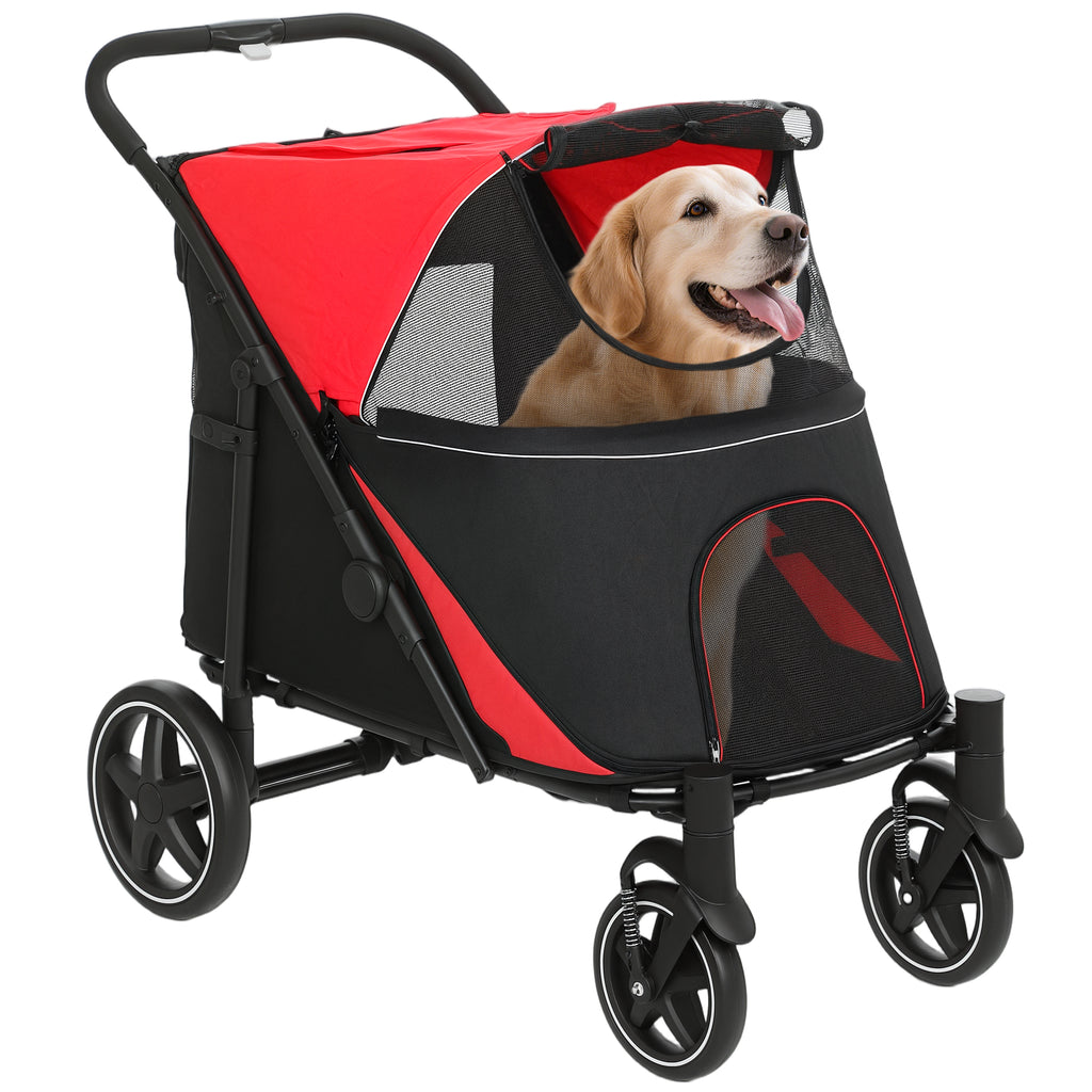 Foldable Pet Stroller, with Universal Wheels, Shock Absorbers, for Medium and Large Dogs, Red