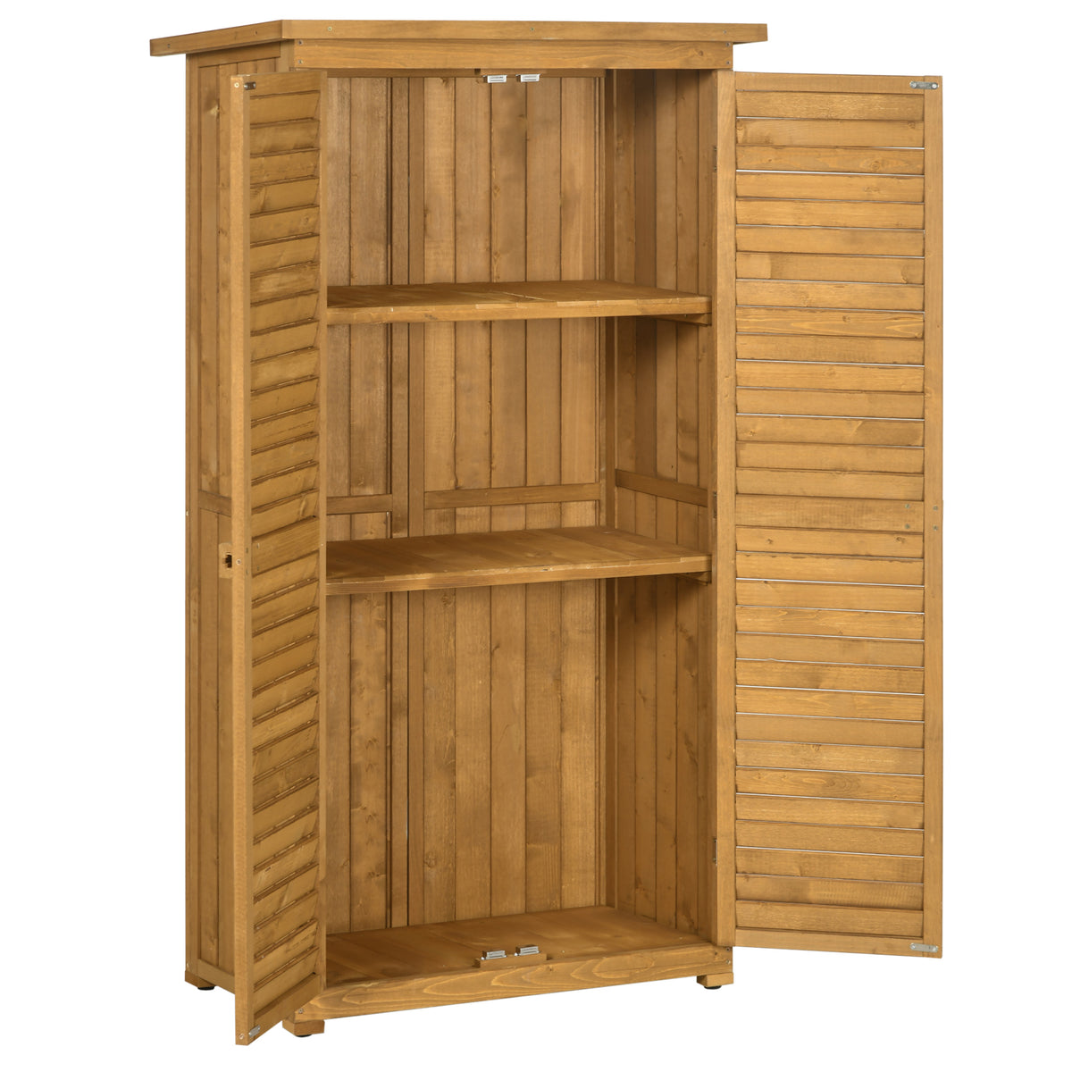 Wooden Small Shed, Garden Storage Shed with 3 Shelves, Asphalt Roof and Shutter Doors, Natural Wood Finish