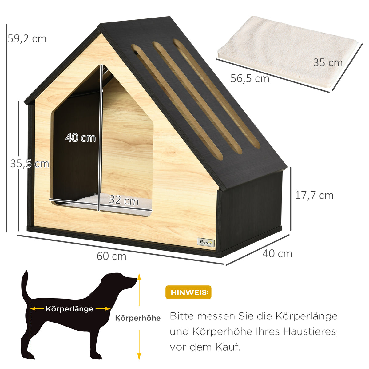  Hundehütte Indoor Hundehöhle mit Kissen Hundehaus Hundehöhle mit schrägem Dach Katzenhaus für kleine Hunde bis 8 kg 60 x 40 x 59,2 cm, Braun