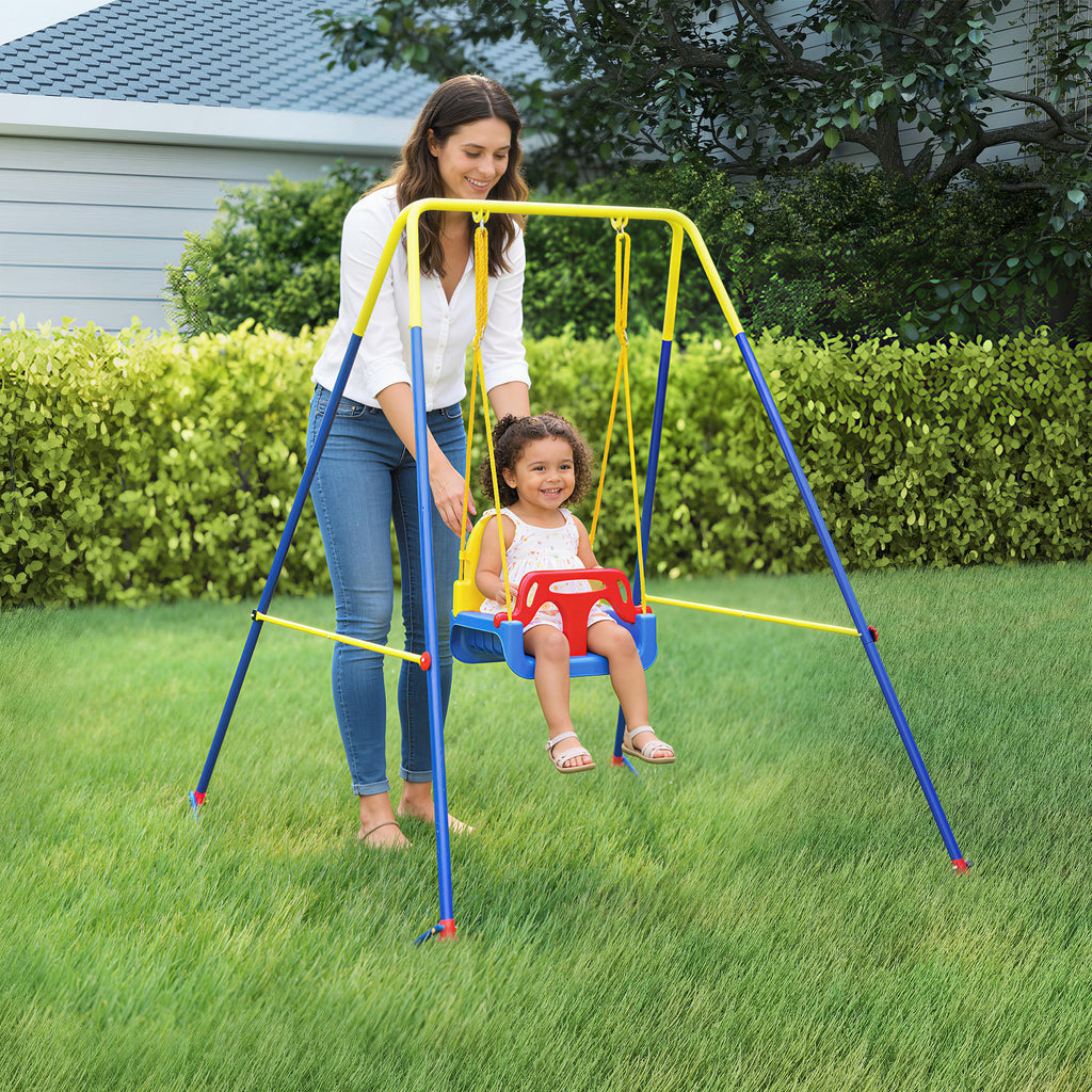 3 in 1 Toddler Swing Set, Folding Child Swing Set with Seat Belt, Adjustable Seat for Outdoor Indoor, Blue