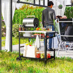 Grillwagen 3-Etagen Servierwagen mit Arbeitsfl?che Griffe H¨¹lle R?der, BBQ Grilltisch Edelstahl 100x52x80cm Schwarz