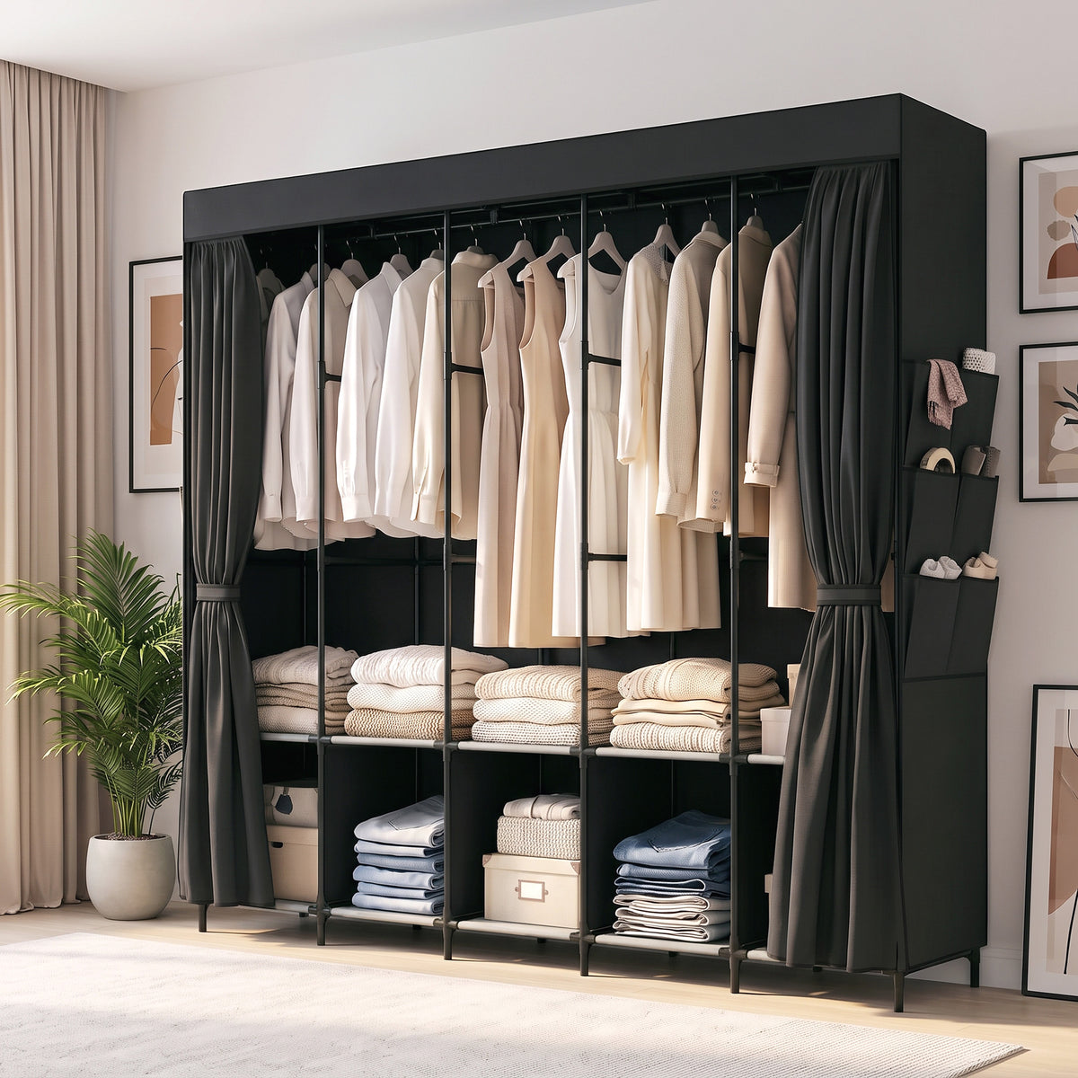 Stoff-Kleiderschrank, staubdicht, tragbar, 5 Kleiderstangen, 212 x 45 x 167 cm, Schwarz