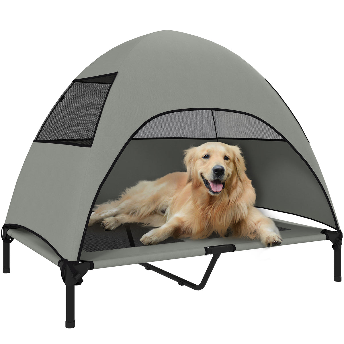 Hundeliege Outdoor mit Dach, Erh?htes Hundebett f¨¹r Gro?e Hunde, 106 x 76 x 99 cm, Hellgrau