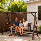 3 Seater Garden Swing Seat, Wooden Swing Chair Bench with Cushion, Side Trays and Metal Chains, for Outdoor Porch Patio, Carbonised Brown