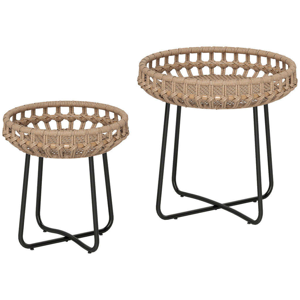 2er Set Beistelltisch Polyrattan ?60/41 cm rund wetterfest Gartentisch mit X-Beine Verstellbare Fu?pads Braun