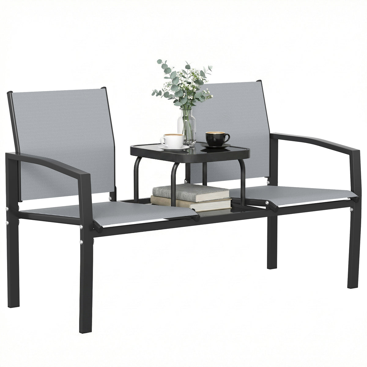 Garden Love Seat, 2 Seater Jack and Jill Loveseat Companion Seat with 2-Tier Glass Table, Breathable Texteline, Grey