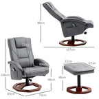 Massagesessel mit Hocker, Liegefunktion, Fernbedienung, drehbar, Lederoptik, bis 150 kg, Dunkelgrau