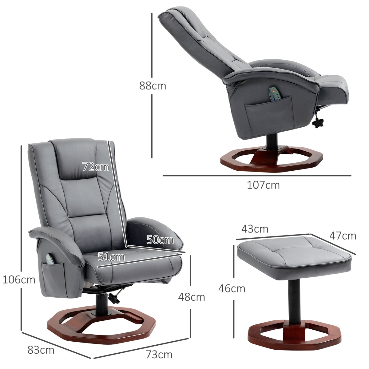 Massagesessel mit Hocker, Liegefunktion, Fernbedienung, drehbar, Lederoptik, bis 150 kg, Dunkelgrau