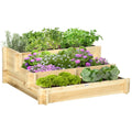Hochbeet, Blumenkasten, 3-stufig, Drainage?ffnung, Stoffauskleidung, Naturholz, 93 x 93 x 35 cm