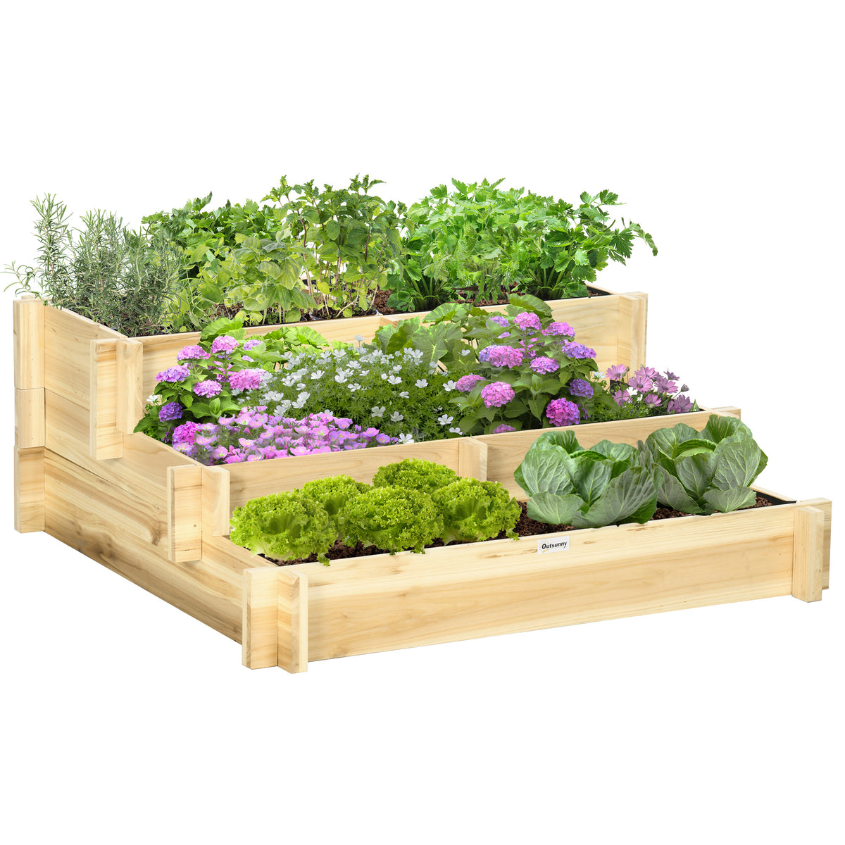 Hochbeet, Blumenkasten, 3-stufig, Drainage?ffnung, Stoffauskleidung, Naturholz, 93 x 93 x 35 cm