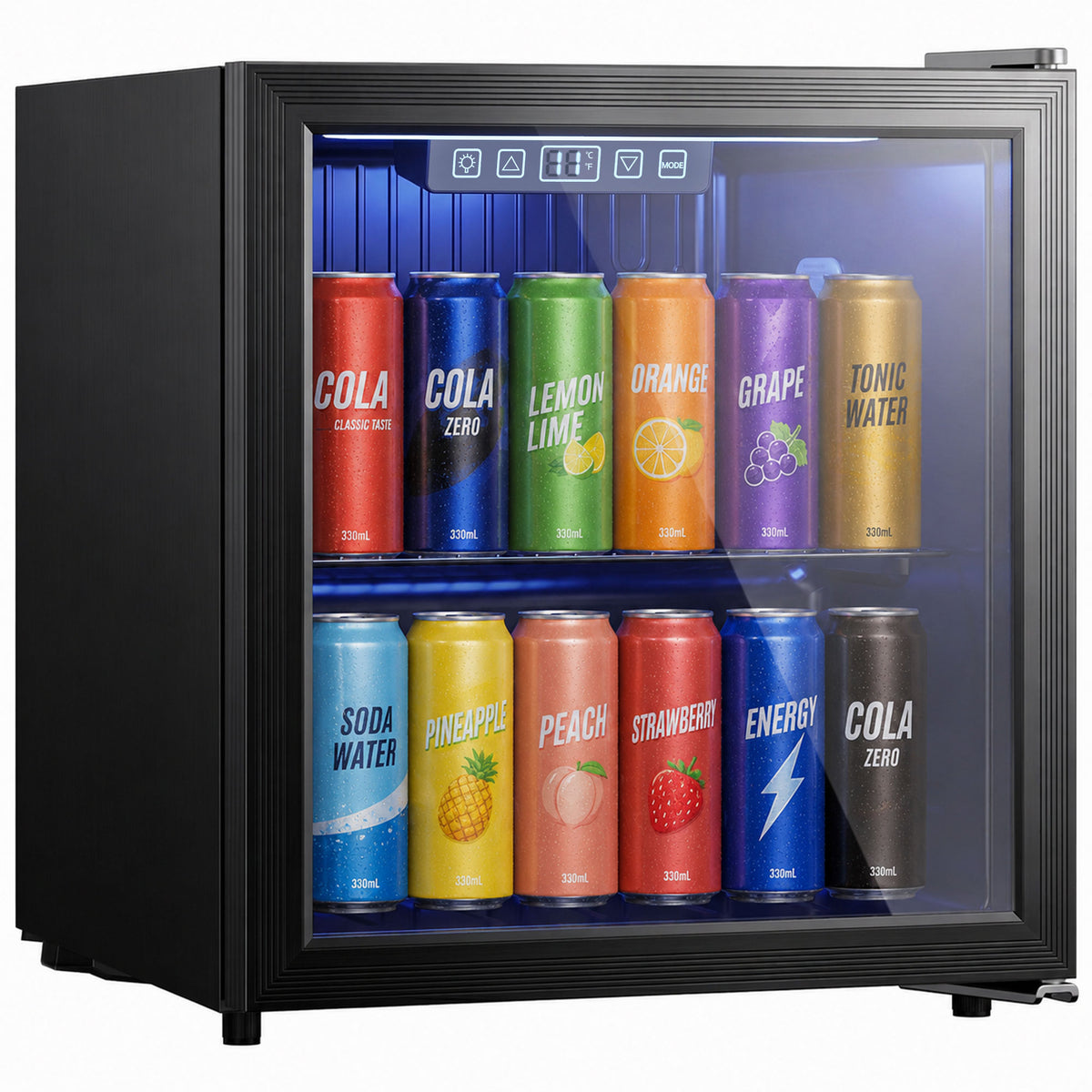 50 L Getränkekühlschrank, Kühler für 48 Dosen mit Doppelglas-Tür, verstellbar Regal, LED-Beleuchtung Schwarz