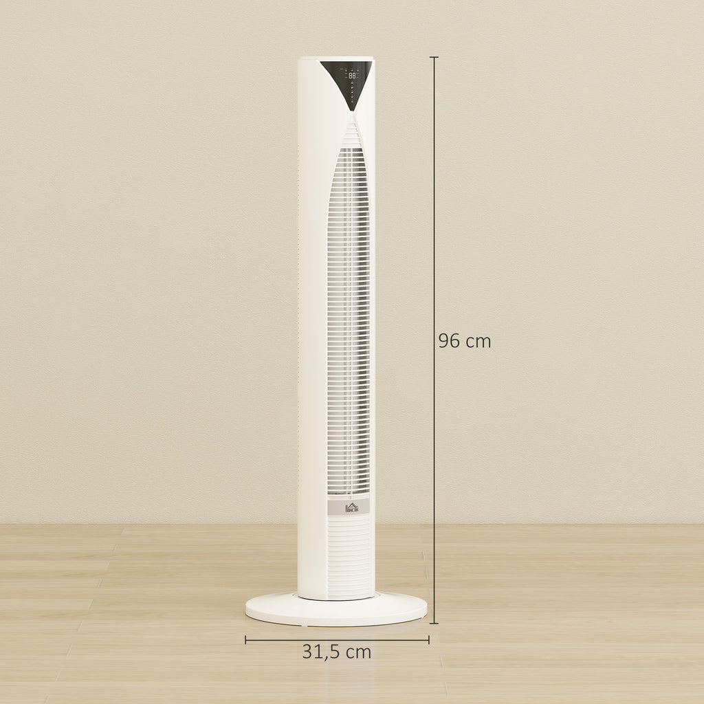 70° oszillierender Turmventilator mit Fernbedienung 4 Modi 3 Geschwindigkeiten Timer 31,5 x 31,5 x 96 cm Weiß
