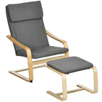 Sessel mit Fußhocker, Sessel-Set, Leinenoptik, Massivholz, Grau + Natur