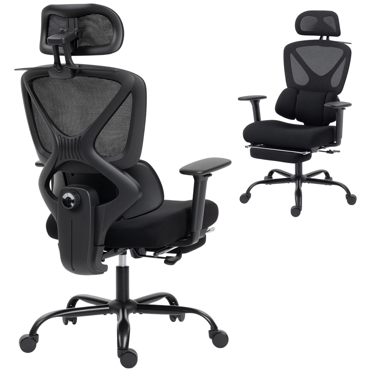Ergonomischer Bürostuhl mit Rollen, Netzstoff, Lendenstütze, Computerstuhl mit Armlehnen, verstellbare Kopfstütze
