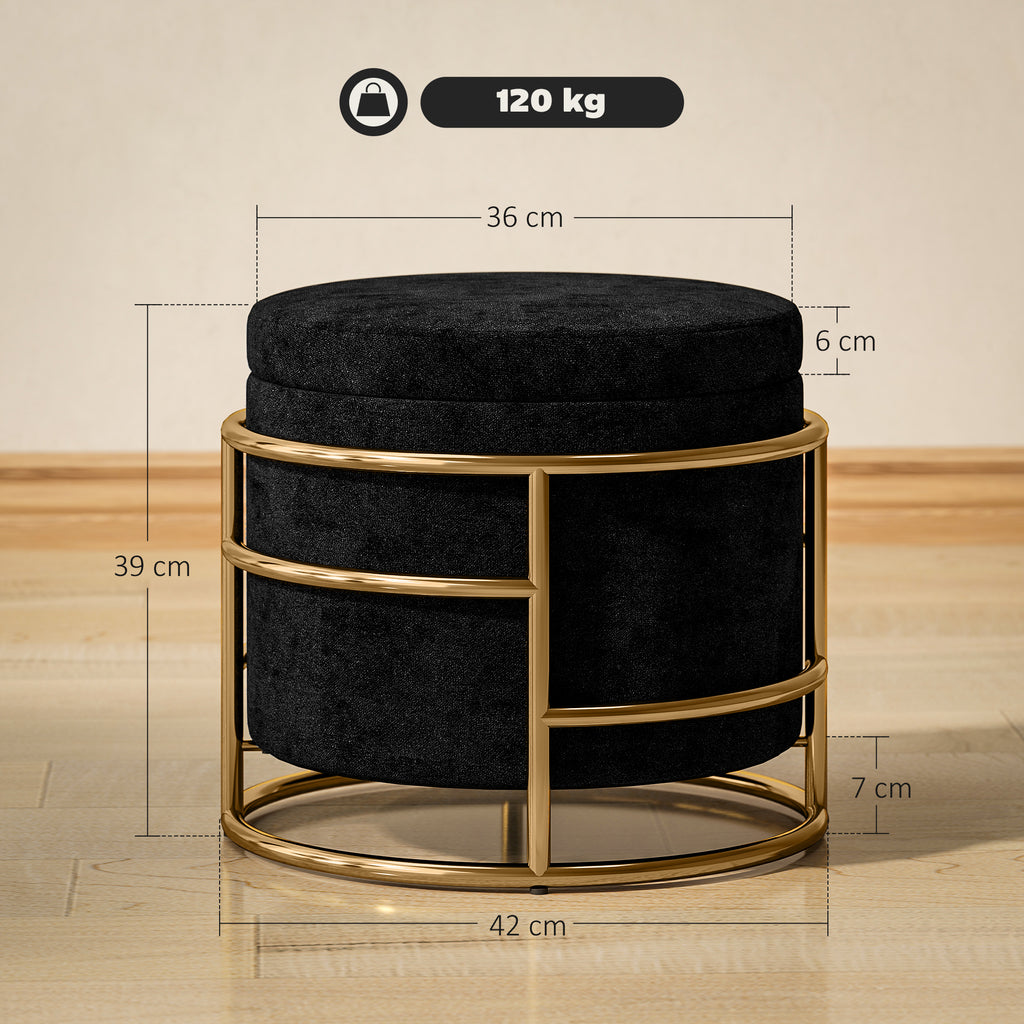 Sitzhocker mit Stauraum, gepolsterter Fu?hocker, Metallrahmen, vergoldet, Schwarz