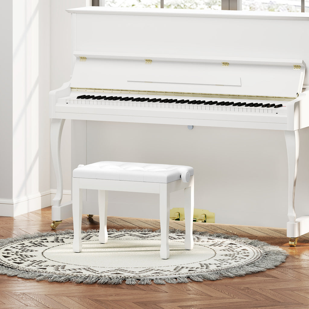 Klavierhocker Höhenverstellbar Klavierbank, Pianobank mit Kunstleder Kissen für Piano Keyboard 64 x 35 x 45-55 cm Weiß