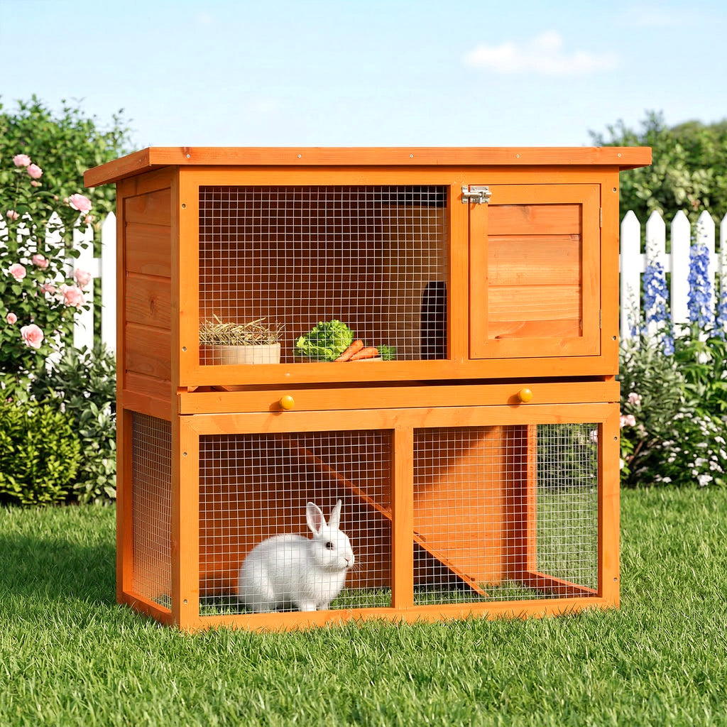 Two-Tier Rabbit Hutch, Wooden Outdoor Pet Cage, with Opening Top