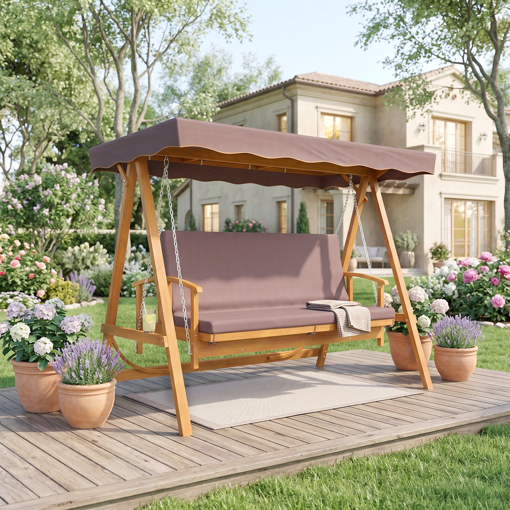 Hollywoodschaukel mit Sonnendach, Echtholz-Gartenschaukel, Schaukelbank mit Liege-Funktion, für 3 Personen, Braun