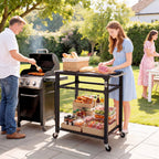 Outdoor-Grillwagen, Pizzaofen-Stand mit Metalloberfläche, 2-stufige rollende Küchenstation mit Haken und Griff, Schwarz