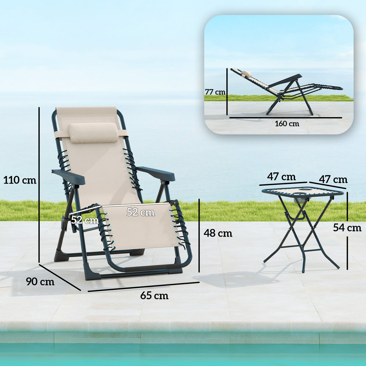 Gartenliege Set 3-TLG. Sonnenliege mit Teetisch 2 Liegest¨¹hle Kissen, Outdoor Liege 90x56x110 cm Beige