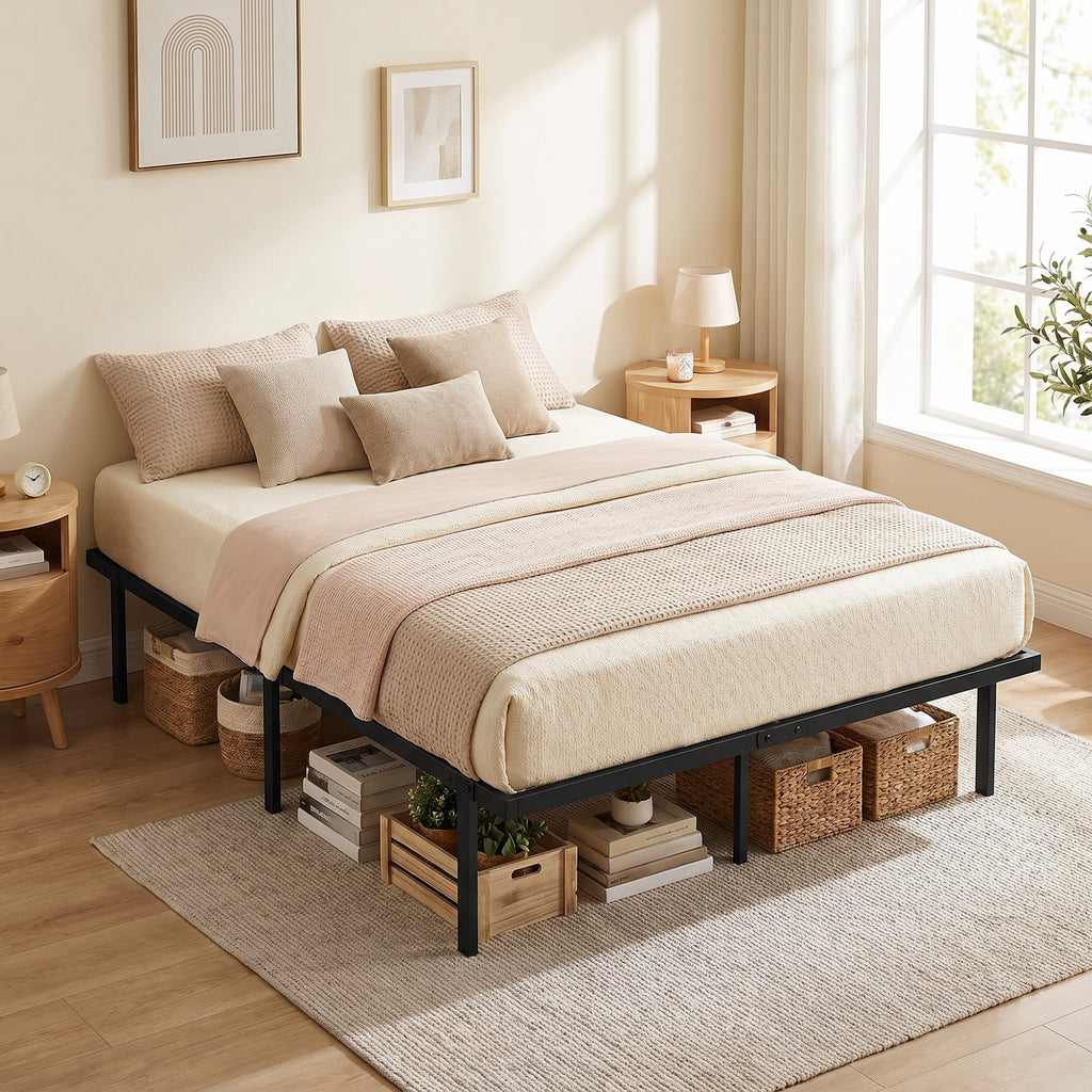 Bettgestell, 140 x 200 cm Metallbett mit Stauraum unter dem Bett, Metallgestell mit Lattenrost, kein Boxspring nötig