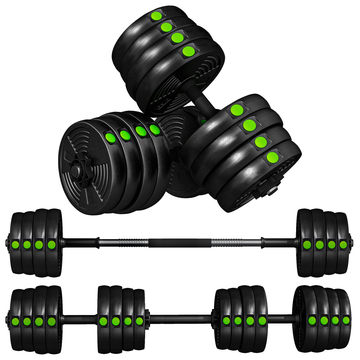 Adjustable Weight Barbell & Dumbbells Set Free Weights Strength Muscle Exercise Home Gym Training, Black and Green