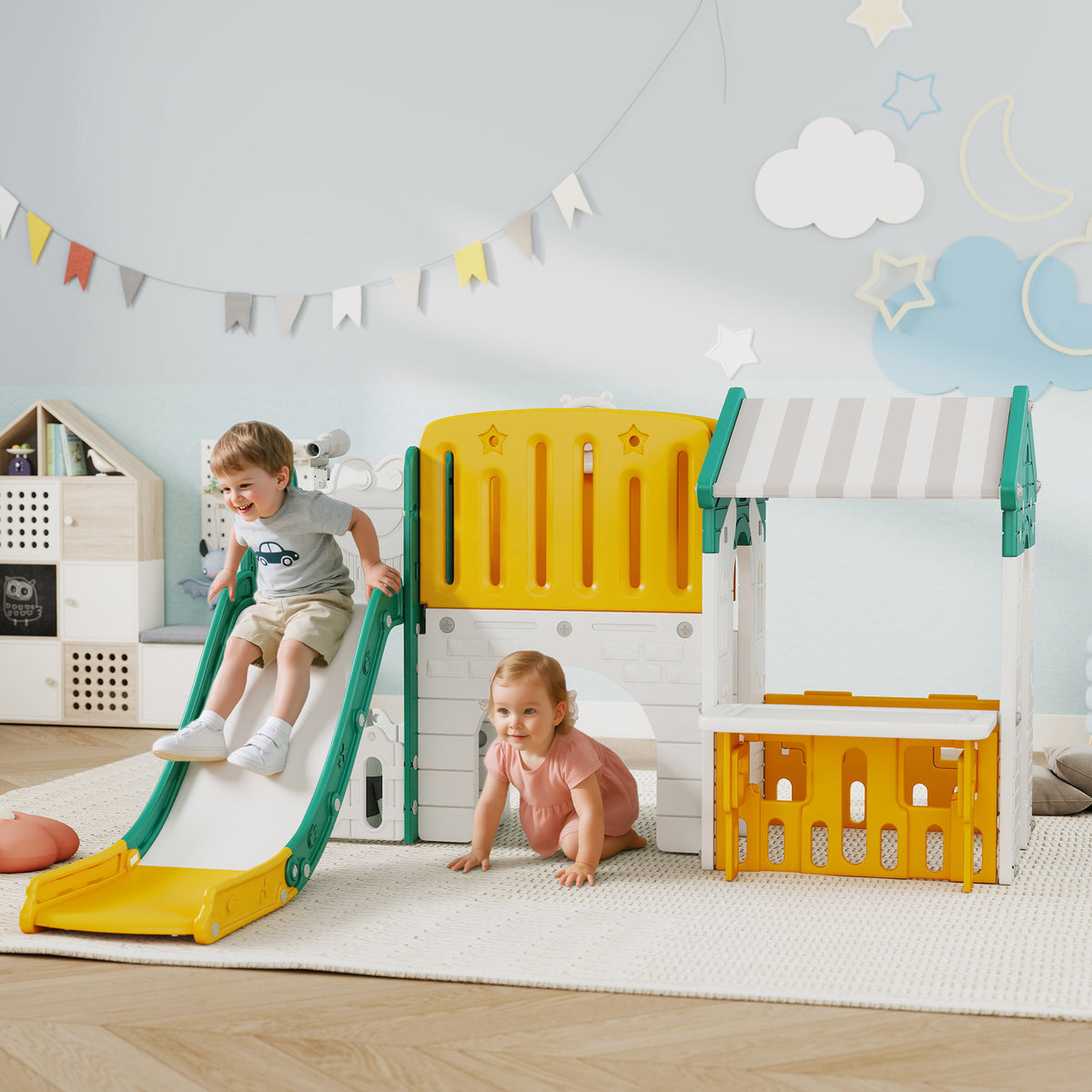 7-in-1 Kinderrutsche, Indoor-Spielplatz, Kletterger¨¹st, Haus, Tafel, Basketballkorb, 1-4 Jahre, Kunststoff, Gelb+Gr¨¹n