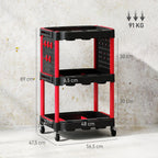 Werkzeugwagen, dreistufige Regale, 4 R?der, Kunststoff, 10 Haken, Rot