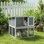 Hasenstall 2 Etagen Kaninchenstall aus Holz mit wetterfest aufklappbar Dach, Freilaufgehege, Rampe, 98x95x102,5 cm Grau