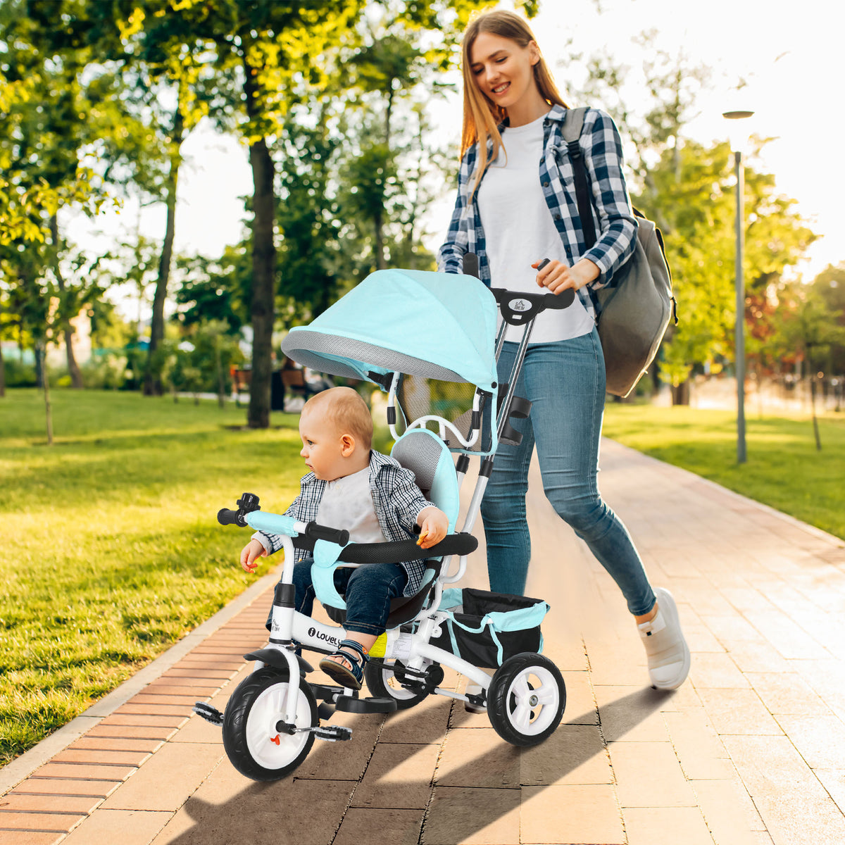 6 in 1 Kids Trike Push Bike w/ Push Handle, Canopy, 5-point Seat Belt, Storage, Footrest, Brake, for 1-5 Years, Green