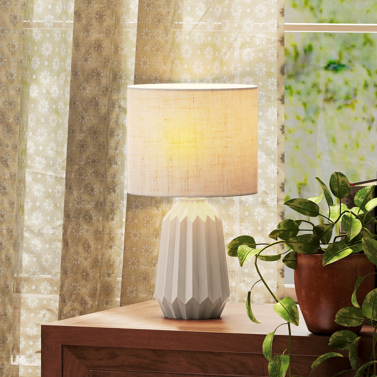 Tischlampe, Tischleuchte, Nachttischlampe mit Leinenschirm, Wippschalter, Schreibtischlampe, 22 x 22 x 39 cm, Beige