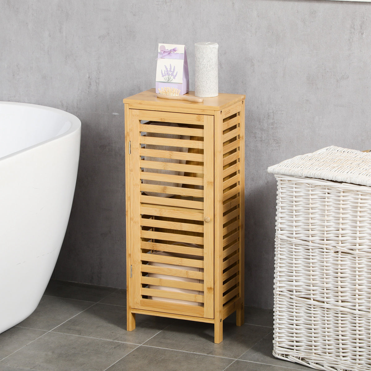 Badezimmerschrank mit Lamellent¨¹r, versetzbarem Einlegeboden, Naturbambus, 30x19,9x70 cm