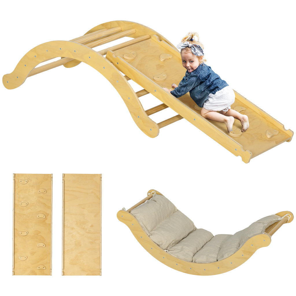 Kinder-Kletterset, 4-in-1-Design mit Bogenbrücke, Schaukelwippe, Kissen, Rutschrampe, für den Innenbereich, Holz