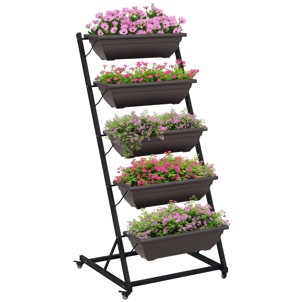 5-Etagen Pflanzenst?nder, 145 cm hoch Blumenst?nder mit Rollen T?pfe, Pflanzenregal aus Stahl Braun
