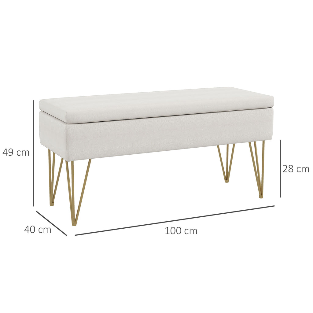 Bettbank mit Stauraum, dicke Polsterung, atmungsaktiver Stoff, Stahlf¨¹?e, 100x40x49 cm, Creme