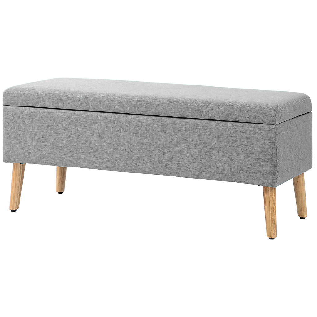 Polsterbank mit Stauraum, Bezug in Leinenoptik, Kautschukholzbeine, bis 220 kg, 110x39x45cm, Grau