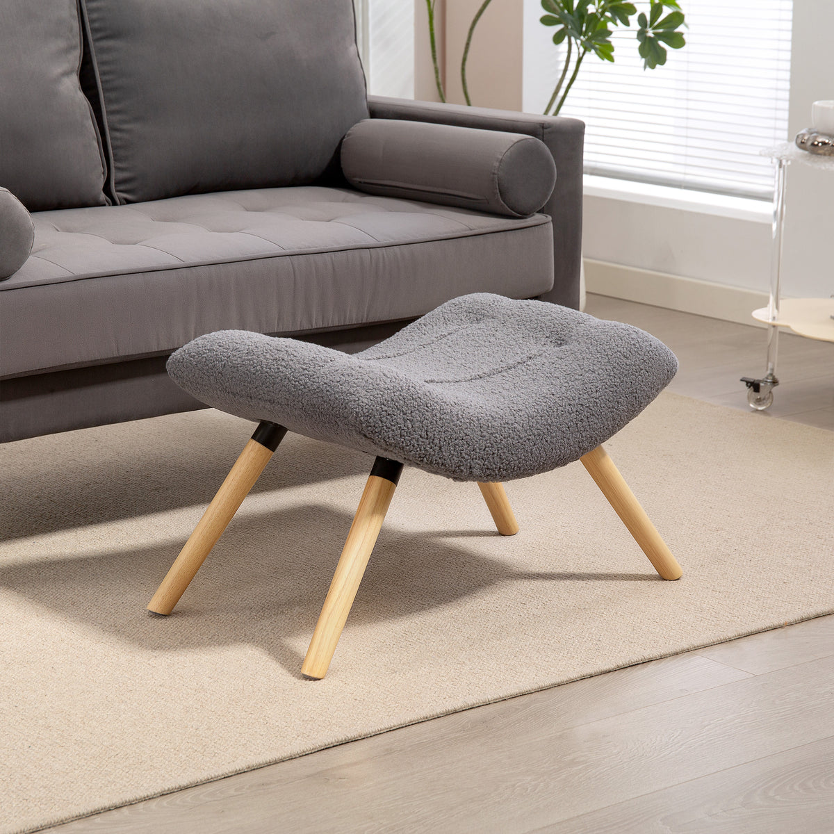 Moderner Fu?hocker mit Fleece-Bezug und Holzbeinen, gepolstert, f¨¹r Wohnzimmer, Schlafzimmer, Flur, Dunkelgrau
